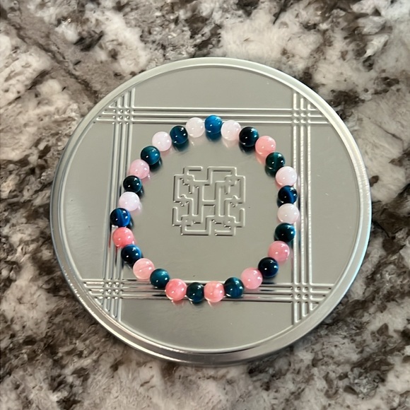 Hand Crafted by Sky & Seashells 6.25” Strawberry Rose Quartz/Tiger Eye Bracelet - Picture 2 of 3